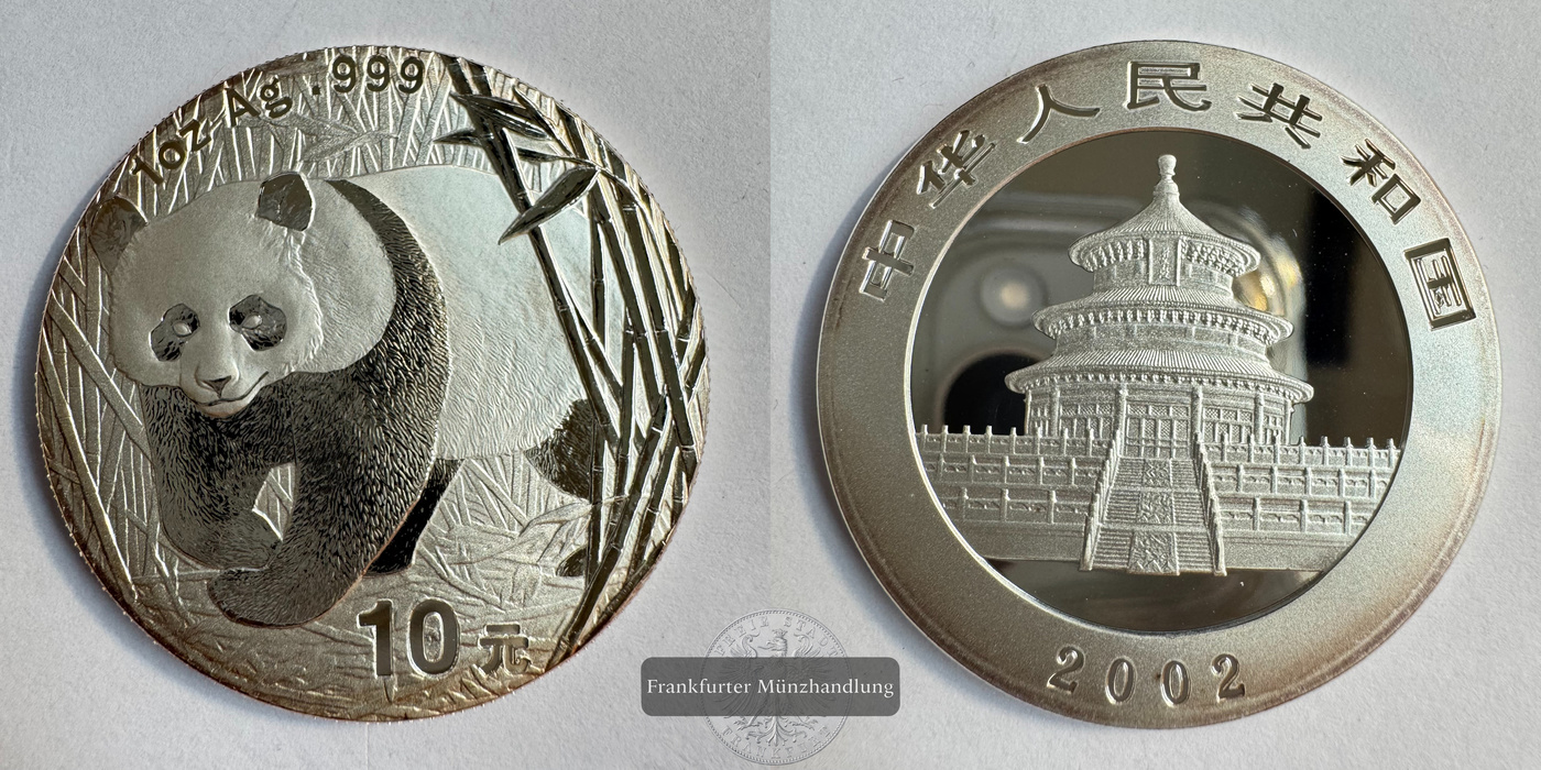  China 10 Yuan 2002 Panda FM-Frankfurt KM#1365 Feinsilber: 31g   