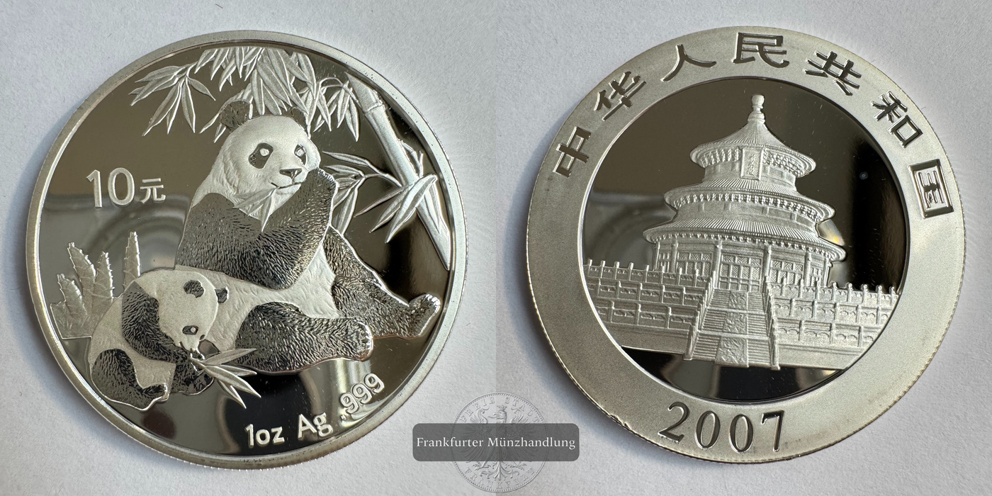  China, 10 Yuan 2007 Panda mit Jungtier FM-Frankfurt KM#1706 Feinsilber: 31,1g   