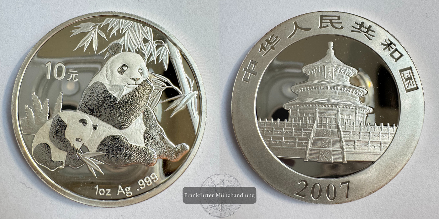  China, 10 Yuan 2007 Panda mit Jungtier FM-Frankfurt KM#1706 Feinsilber: 31,1g   