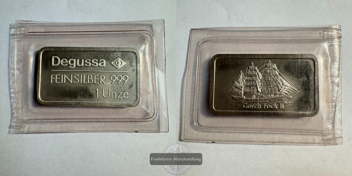  Degussa Silberbarren zu 1 Unze Deutschlands Gorch Fock II FM-Frankfurt  Feinsilber: 31,1g   