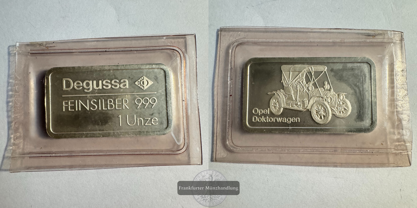  Degussa Silberbarren zu 1 Unze Opel Doktorwagen FM-Frankfurt  Feinsilber: 31,1g   