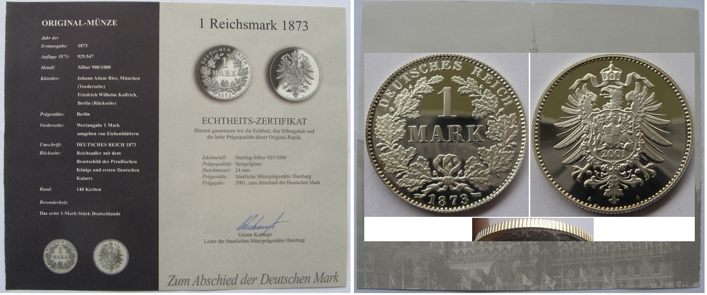  1873/2001, Deutschland, 1 Reichsmark, 925er Silber, PP, Nachprägung   