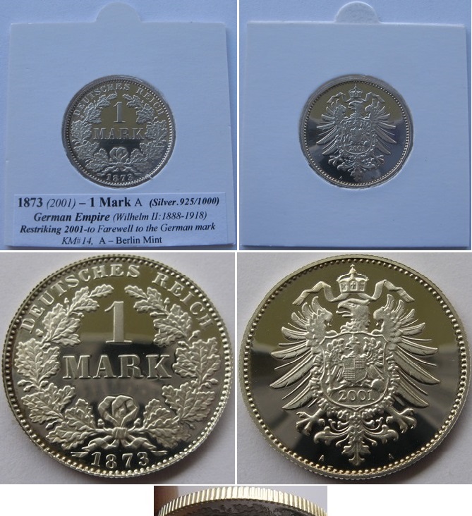  1873/2001, Deutschland, 1 Reichsmark, 925er Silber, PP, Nachprägung   