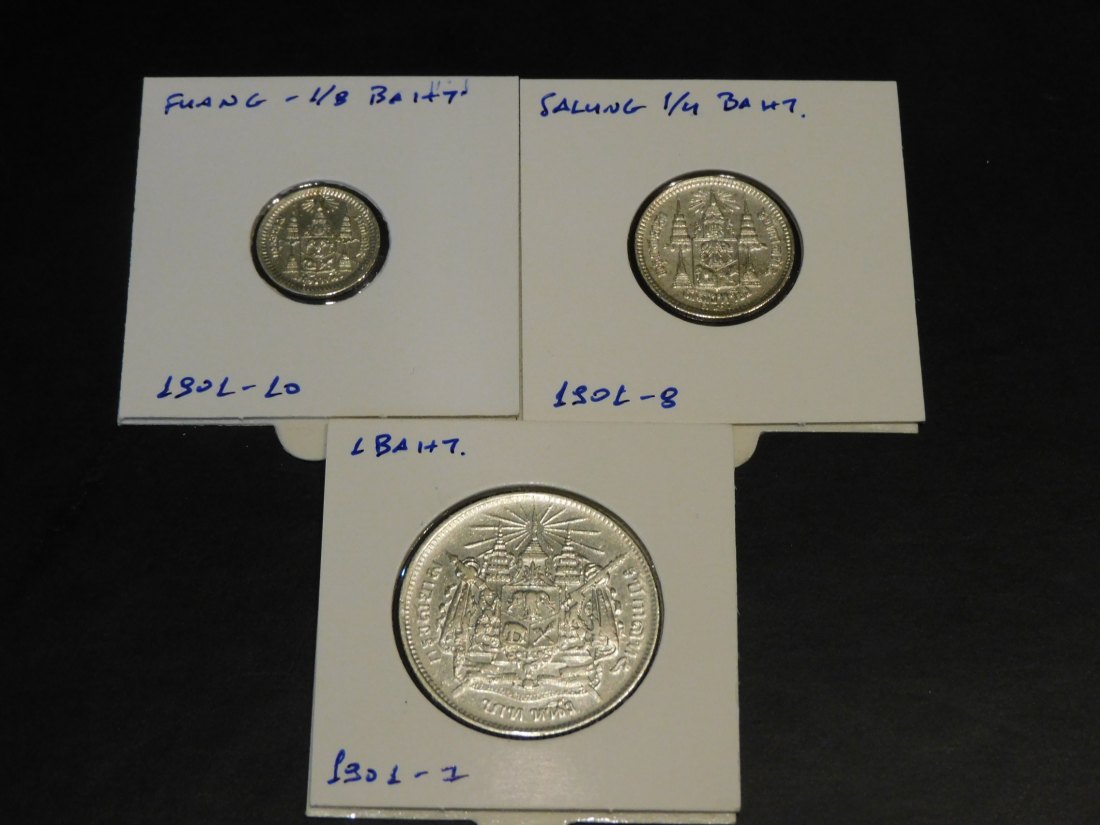  THAILAND 1/8-1/4-1 BAHT 1901-1910.GRADE-PLEASE SEE PHOTOS.   