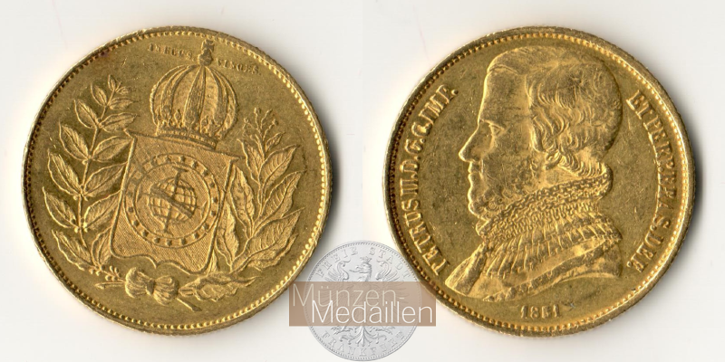 Brasilien, 20000 Reis Pedro II. 1851  MM-Frankfurt KM#762 Feingold: 16,44g   