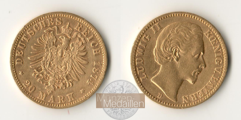 Bayern, Kaiserreich  20 Mark  1874 D MM-Frankfurt Feingold: 7,17g Ludwig II. 1864-1886  