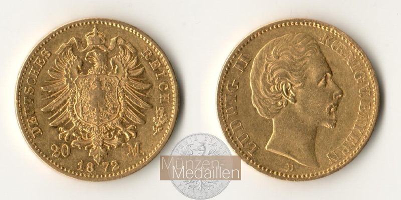 Bayern, Kaiserreich 20 Mark MM-Frankfurt Feingold: 7,17g Ludwig II. 1864-1886 1872 D 