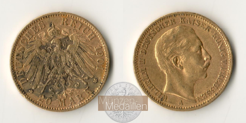 Dt. Kaiserreich Preussen, Wilhelm II. MM-Frankfurt Feingold: 7,17g 20 Mark 1901 A 