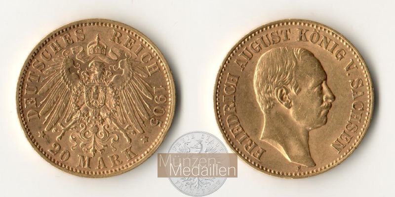 Sachsen, Kaiserreich  20 Mark MM-Frankfurt Feingold: 7,17g Friedrich August 1904 - 1918 1905 E 