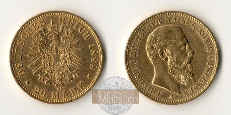 Dt. Kaiserreich Preussen, Friedrich III MM-Frankfurt KM#515 Feingold: 7,17g 20 Mark 1888 A 