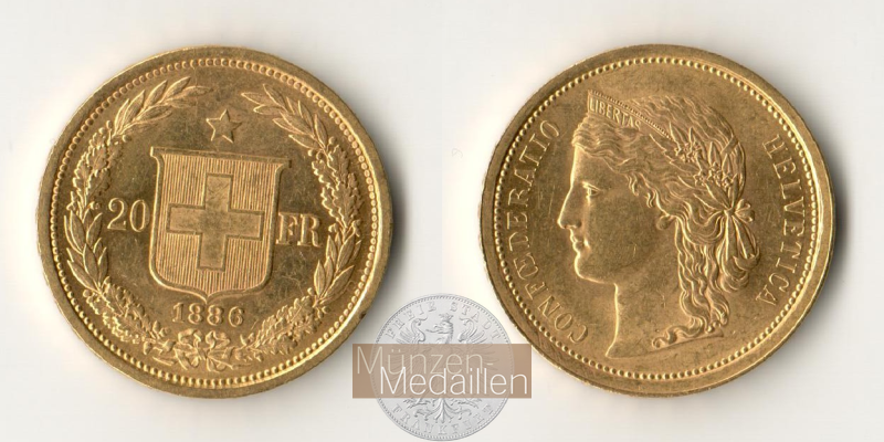 Schweiz MM-Frankfurt Feingewicht: 5,81g 20 Francs 1886 