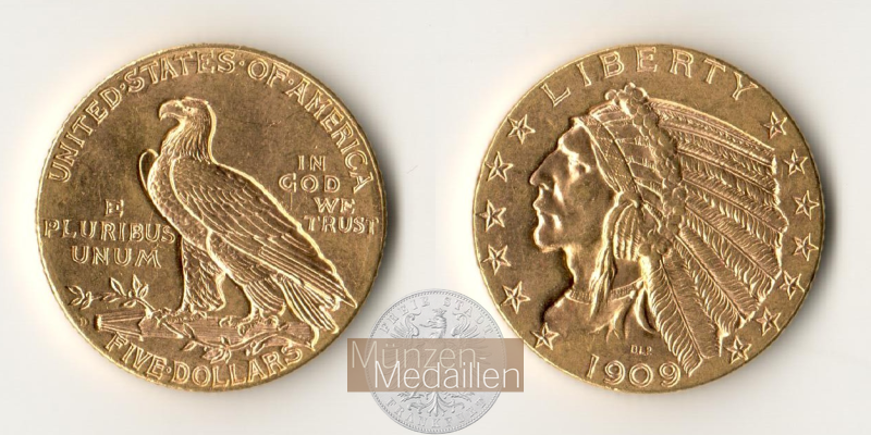 USA  5 Dollar MM-Frankfurt   Feingold: 7,52g Half Eagle - Indian Head 1909 