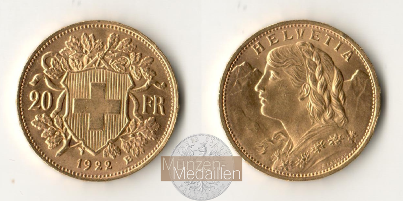 Schweiz  20sFR MM-Frankfurt Feingold: 5,81g Vreneli 1922 B 