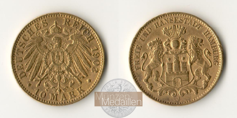 Deutsches Kaiserreich - Hamburg MM-Frankfurt Feingold: 3,58g 10 Mark 1903 J 