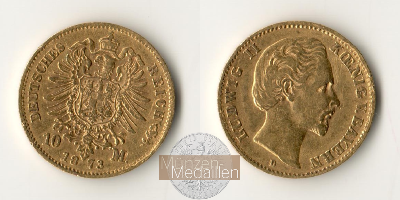 Dt Kaiserreich. Bayern MM-Frankfurt Feingewicht: 3,59g Gold Ludwig II. 10 Mark 1873 D 
