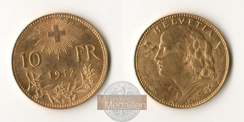 Schweiz,  10 sFR MM-Frankfurt Feingold: 2,90g 1/2 Vreneli 1912 