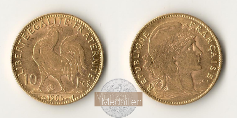 Frankreich MM-Frankfurt Feingold: 2,90g 10 Francs - Marianne 1905 