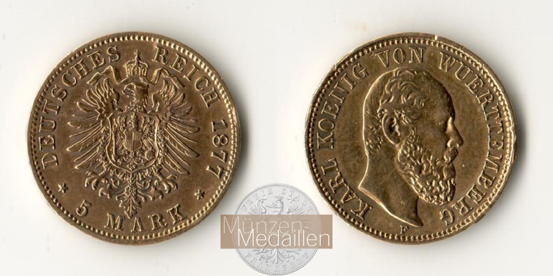 Württemberg Kaiserreich 5 Mark MM-Frankfurt Feingold: 1,79g Karl 1864-1891 1877 F 