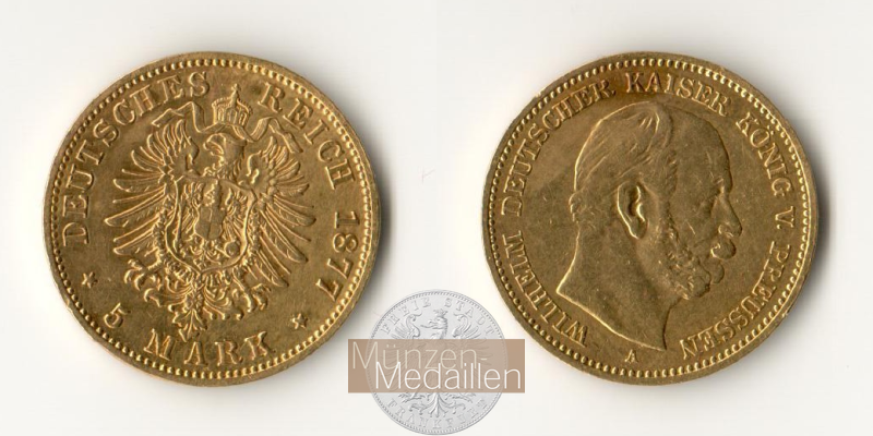 Preussen Kaiserreich, Wilhelm I MM-Frankfurt KM#507 Feingold: 1,79g 5 Mark (1877-1878) 1877 A 