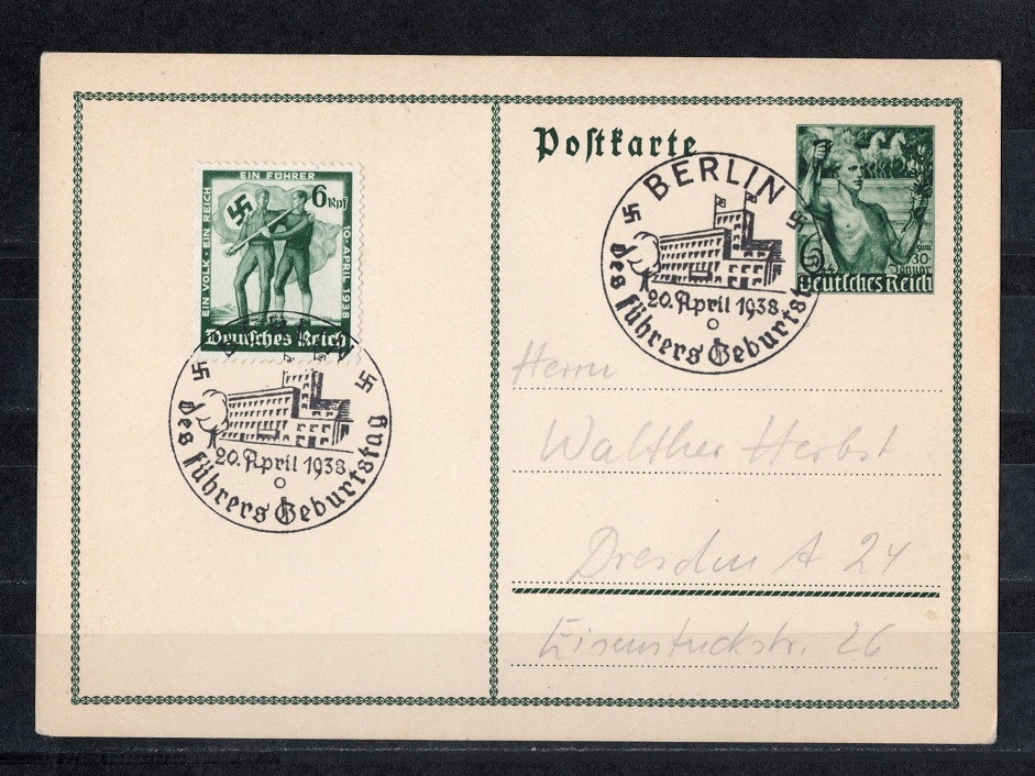  Dt. Reich 1938 Mi 660 Postkarte + Mi 662 SST 2x Geburtstag von A. H. EXTREM SELTEN   