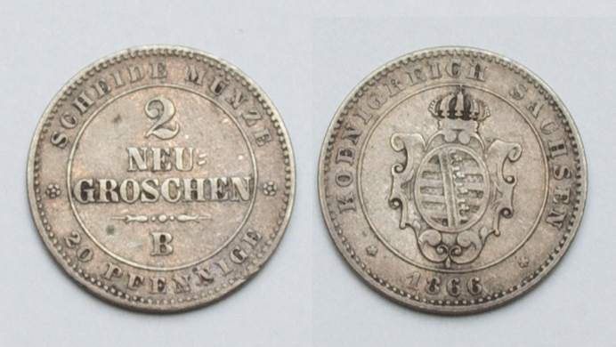  Sachsen-Albertinische Linie 2 Neugroschen 1866 B Johann 1854-1873 vz.   