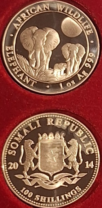  Somalia, 100 Schillings, 2014, AFRICAN WILDLIFE ELEPHANT, 1oz 999er Silber   