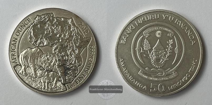 Ruanda 50 Franken 2012 Rhinoceros KM#37 FM-Frankfurt  Feinsilber: 31,1g   