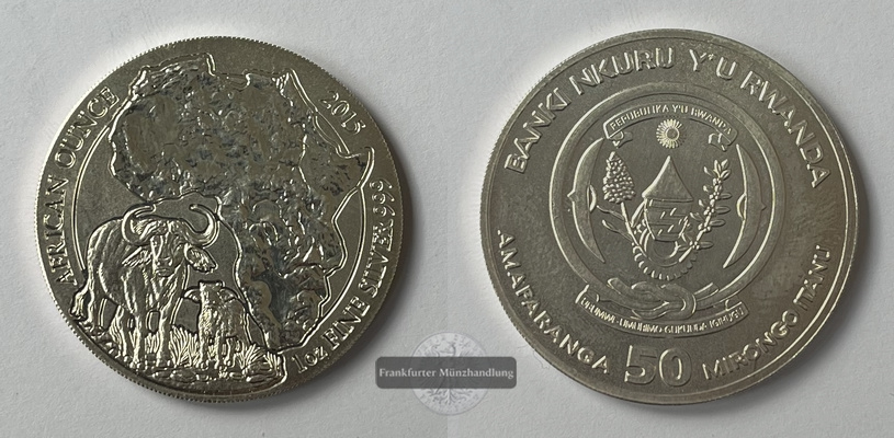  Ruanda 50 Franken 2015 Cape Buffalo KM#44 FM-Frankfurt Feinsilber: 31,1g   