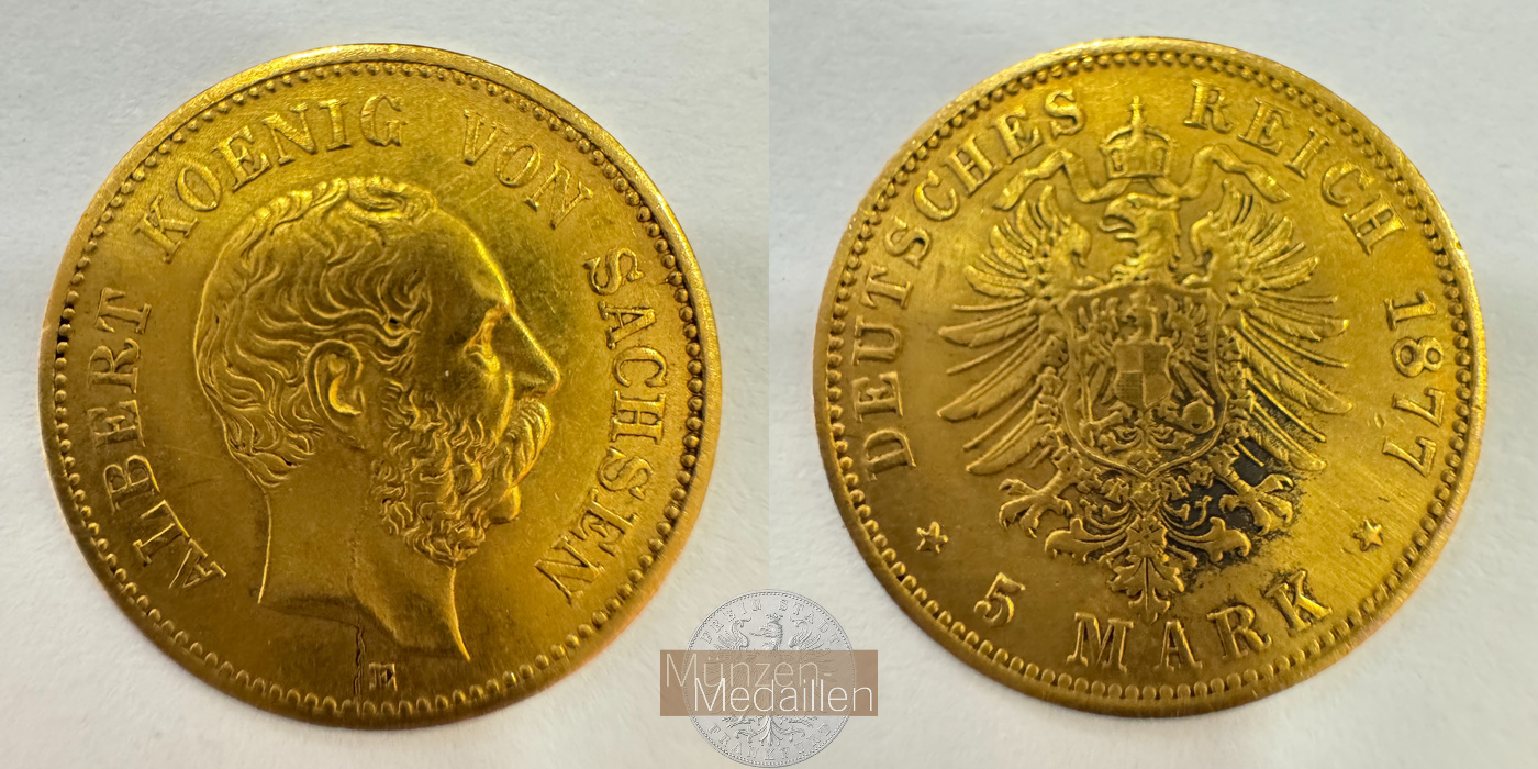  Deutsches Kaiserreich. Sachsen, Albert.  5 Mark 1877 E.  MM-Frankfurt KM#1239 Feingold: 1,79g   