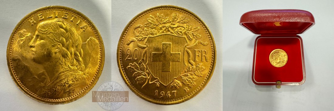 Schweiz  20sFR MM-Frankfurt KM#35.2  Feingold: 5,81g Vreneli 1947 B 