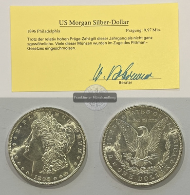  USA.  1 Dollar 1896 Morgan-Type. KM#110  FM-Frankfurt Feinsilber: 24,05g   