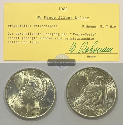  USA.  1 Dollar 1922 Peace-Type. KM#110  FM-Frankfurt Feinsilber: 24,05g   