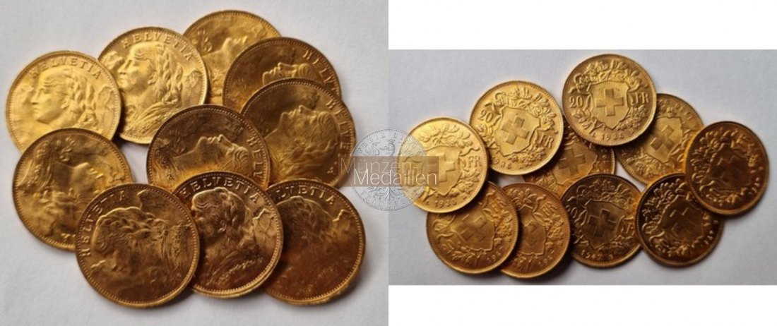 Schweiz MM-Frankfurt Feingewicht: 58,1g Gold 10 x 20sFR (Vreneli) verschiedene 