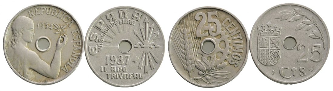  Ausland; Spanien; 2 Kleinmünzen; gelocht   