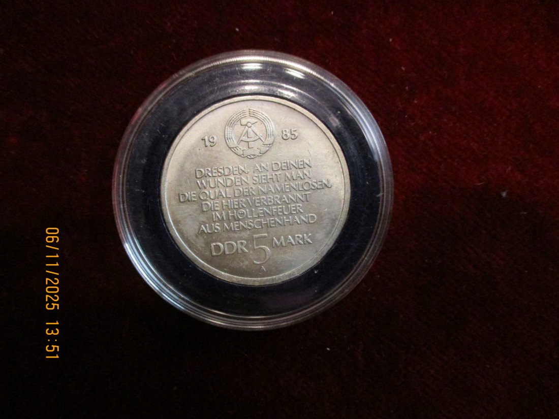  5 Mark DDR 1985 Dresden 1945 - 13. Februar Metall: (K-N-Zk) Gewicht: 9,6 Gramm   