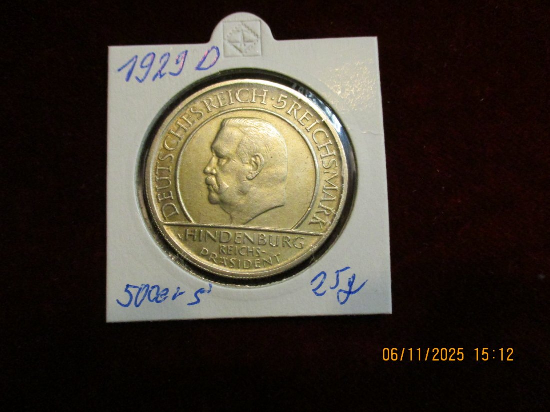  5 Reichsmark 1929 D Treu der Verfassung J.65 Metall: 500er Silber Gewicht 25g   
