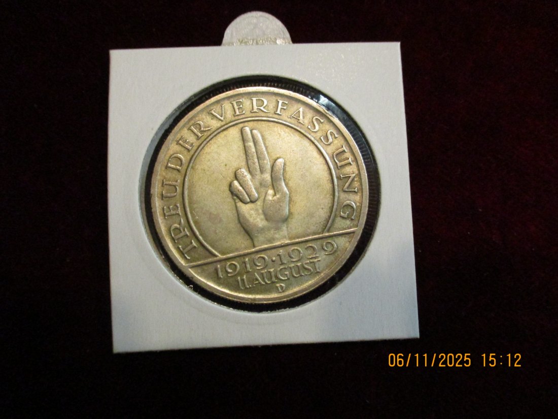  5 Reichsmark 1929 D Treu der Verfassung J.65 Metall: 500er Silber Gewicht 25g   