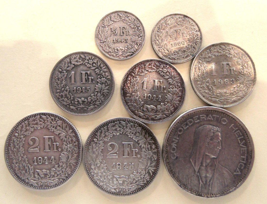 Schweiz: Wertvolles Lot von 8 Silbermünzen, 45,95 gr. Feinsilber! siehe Bilder!   