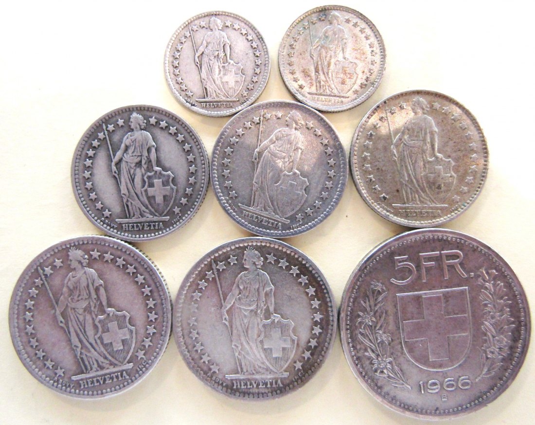  Schweiz: Wertvolles Lot von 8 Silbermünzen, 45,95 gr. Feinsilber! siehe Bilder!   