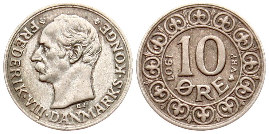  Dänemark: Frederik VIII., kleines Lot von 2 x 10 Øre, Silber   