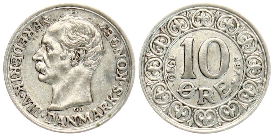  Dänemark: Frederik VIII., kleines Lot von 2 x 10 Øre, Silber   