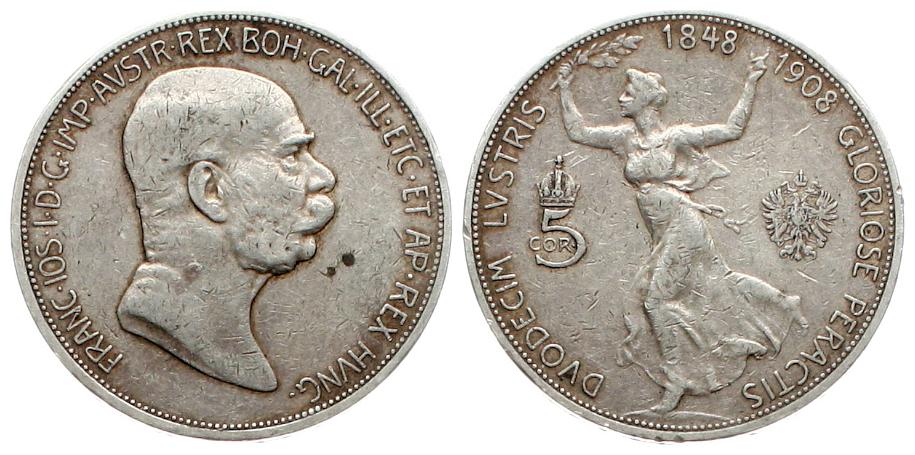  Österreich/ Haus Habsburg: 5 Kronen 1908 Franz Josef I., zum 50. Jahrestag seiner Regierung   