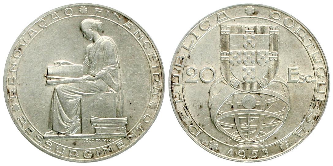  Portugal 20 Escudos 1953 Auf die Finanzreform vz-stgl   