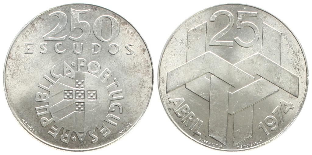  Portugal: 250 Escudos Nelkenrevolution, 25. 4. 1974 vz+   