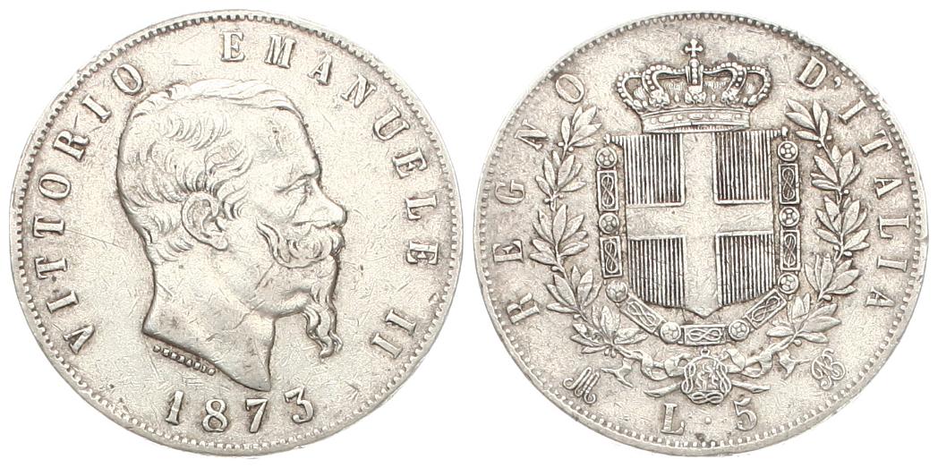  Italien: 5 Lire 1873 M BN, Vittorio Emanuele II., 1861-1878 Silber   