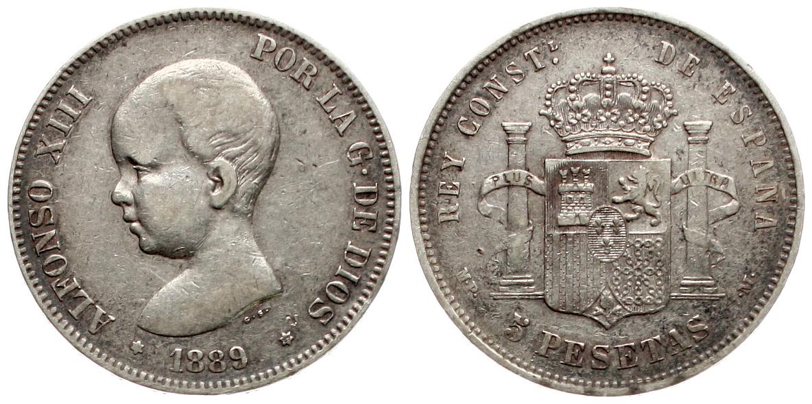  Spanien: 5 Pesetas 1889, Alfonso XIII., ss/fvz   