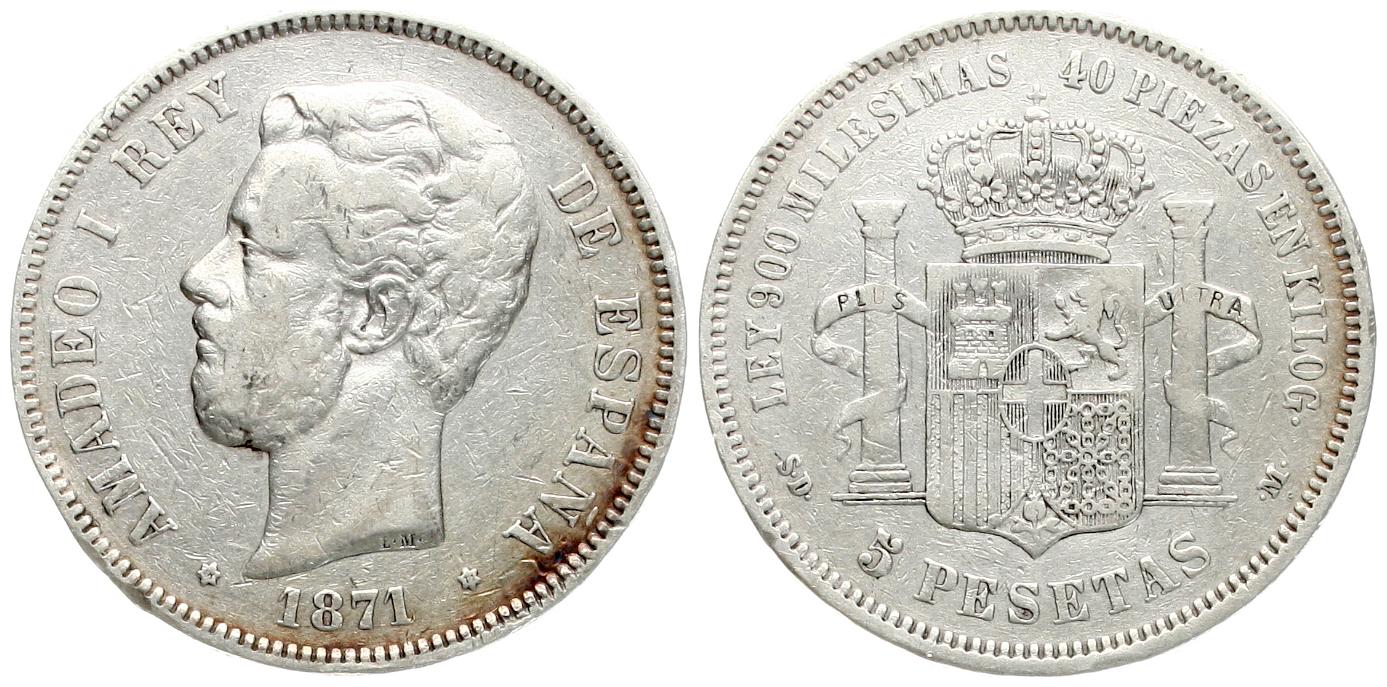  Spanien: 5 Pesetas 1871, Amadeo I., ss+   