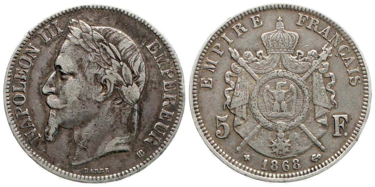  Frankreich: 5 Francs 1868 BB, Strassburg, Napoleon III., ss   