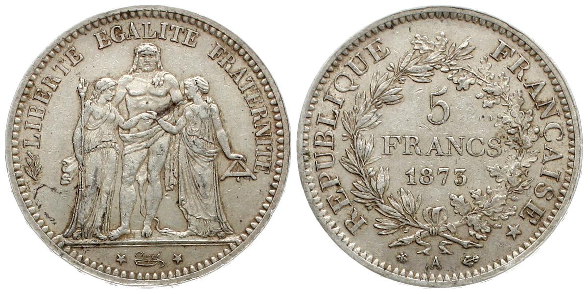 Frankreich: 5 Francs 1873 A, Paris, Herkulesgruppe, vz   
