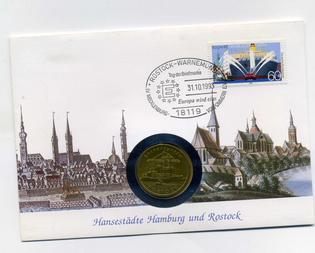  Numisbrief Hansestädte Hamburg+Rostock mit 5 Mark DDR 1988 Hafen Rostock   